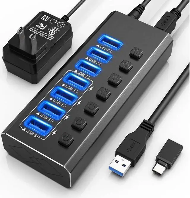 Main image of Powered USB Hub, 7-Port USB 3.0 Hub Splitter (7 USB 3.0 Data Ports with 4 Smart Charging ) with Individual LED On/Off Switches, USB Hub 3.0 Powered with 24W AC Adapter for Mac, PC