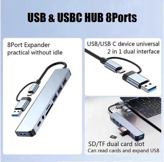 Alt view image 5 of 7 - Aluminum 8 in 1 USB C Hub with 1*USB 3.0, 2* USB2.0, TF/SD Card Reader, Ultra Slim Portable USB Splitter Adapter for Laptop, PS4, Flash Drive, HDD, Xbox, Printer, Mouse, Keyboard