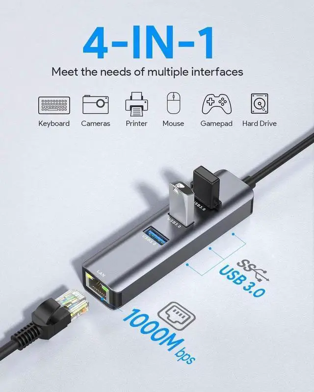 Alt view image 2 of 7 - USB to Ethernet Adapter, 4 in 1 USB Hub with Ethernet, Plug and Play, Multiport Network Adapter with 3 USB 3.0 Port, Gigabit RJ45, USB-C Power Port Compatible for Laptop MacBook XPS
