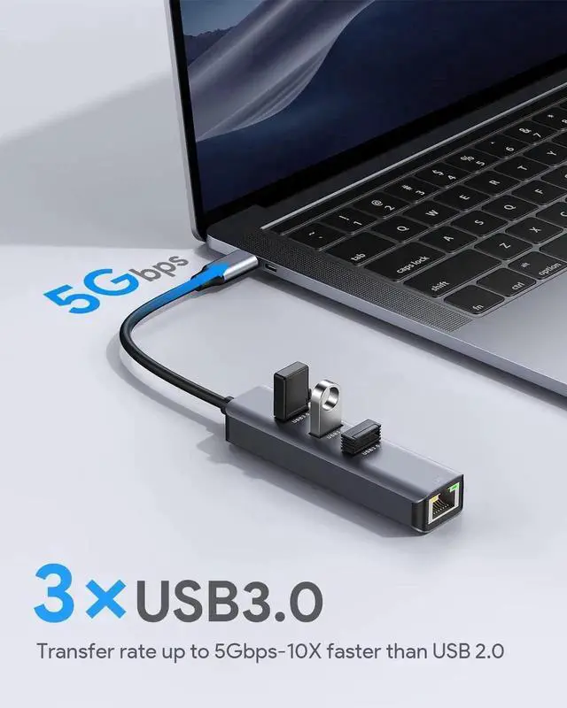 Alt view image 3 of 7 - USB to Ethernet Adapter, 4 in 1 USB Hub with Ethernet, Plug and Play, Multiport Network Adapter with 3 USB 3.0 Port, Gigabit RJ45, USB-C Power Port Compatible for Laptop MacBook XPS