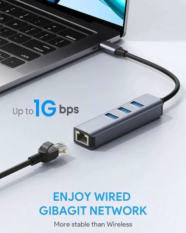 Alt view image 7 of 7 - USB to Ethernet Adapter, 4 in 1 USB Hub with Ethernet, Plug and Play, Multiport Network Adapter with 3 USB 3.0 Port, Gigabit RJ45, USB-C Power Port Compatible for Laptop MacBook XPS