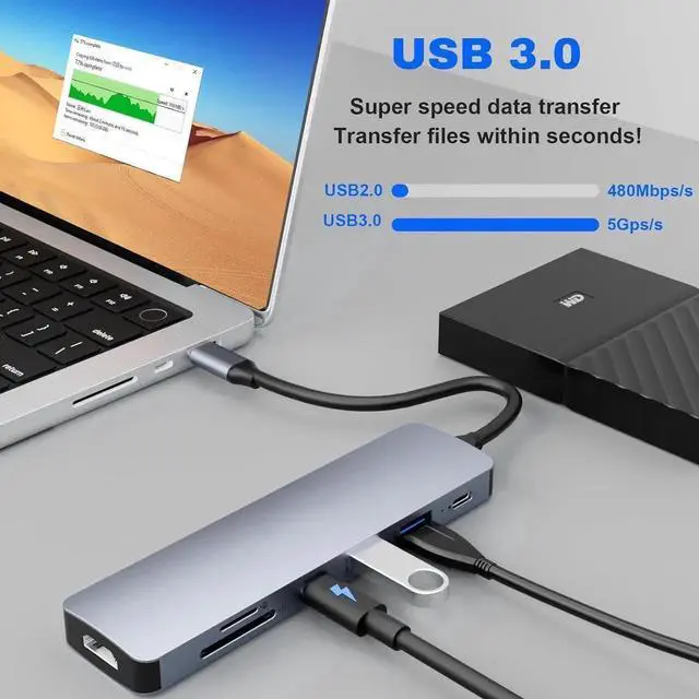 Alt view image 3 of 7 - USB C Hub, 7 in 1 USB C to 4K HDMI Splitter, 5Gbps 2*USB 3.0 & USB C Data Port, 4K HDMI Port, PD 100W Charging, SD/TF Card Reader, for iPad Pro MacBook Pro Laptops and More