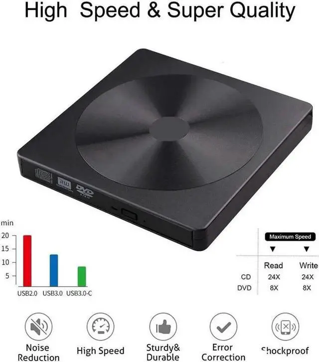 Alt view image 2 of 7 - External CD DVD Drive Type C USB 3.0 Portable High-Speed CD/DVD +/-RW Drive CD DVD ROM Rewriter Reader Burner Writer for Laptop PC Desktop MacBook Mac Windows 7/8/10 Linux OS Apple (Black)