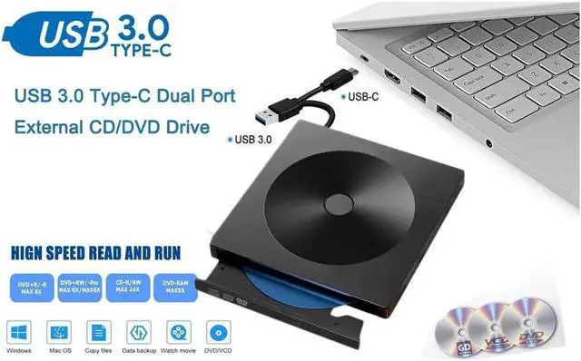Alt view image 3 of 7 - External CD DVD Drive Type C USB 3.0 Portable High-Speed CD/DVD +/-RW Drive CD DVD ROM Rewriter Reader Burner Writer for Laptop PC Desktop MacBook Mac Windows 7/8/10 Linux OS Apple (Black)