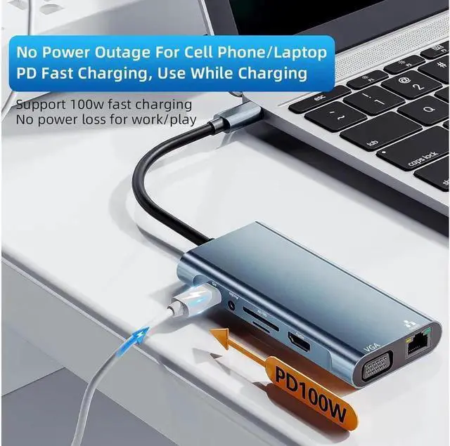 Alt view image 2 of 6 - 11 in 1 USB C Hub Docking Station with 4K HDMI VGA 1000Mbps RJ45 USB-C 3*USB 3.0 Ports 100W USB-C PD 3.5mm Aux Ports for MacBook/Laptops and More Devices HDD Printer Mouse Keyboard