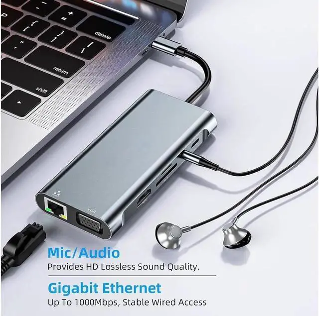 Alt view image 4 of 6 - 11 in 1 USB C Hub Docking Station with 4K HDMI VGA 1000Mbps RJ45 USB-C 3*USB 3.0 Ports 100W USB-C PD 3.5mm Aux Ports for MacBook/Laptops and More Devices HDD Printer Mouse Keyboard