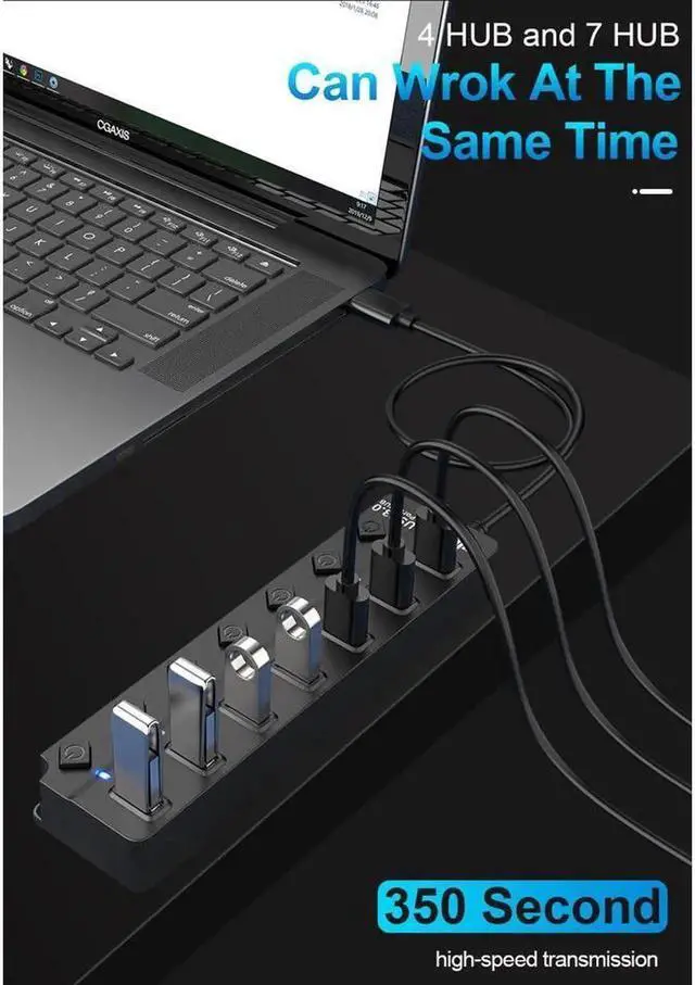 Alt view image 3 of 7 - USB Hub 3.0 Splitter, 7-Port USB Hubs, Multiple Ports Expansion, Individual On/Off Switch LED Indicator, Slim Portable Data Expander for Laptop, Keyboard, Mouse, Adapter