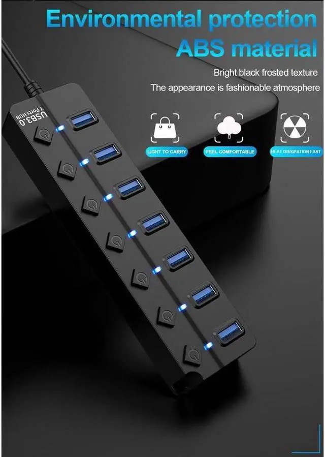 Alt view image 7 of 7 - USB Hub 3.0 Splitter, 7-Port USB Hubs, Multiple Ports Expansion, Individual On/Off Switch LED Indicator, Slim Portable Data Expander for Laptop, Keyboard, Mouse, Adapter