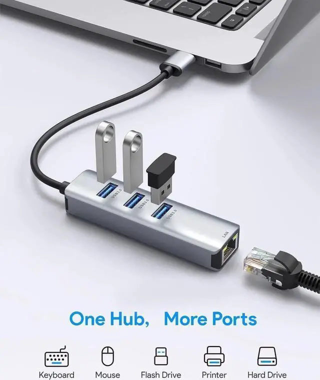 Alt view image 6 of 7 - USB to Ethernet Adapter, USB 3.0 to Ethernet, Aluminum 3 Port USB 3.0 Hub with RJ45 10/100/1000 Gigabit Ethernet Adapter Converter LAN Wired, USB Network Adapter for Laptop MacBook