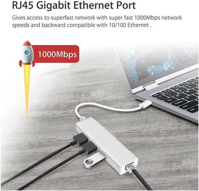 Alt view image 2 of 7 - USB C to Ethernet Adapter with 3 USB 3.0, RJ45 to USB C Thunderbolt 3/Type-C Gigabit Ethernet LAN Network Adapter, for MacBook Pro 16'' 2019/2018/2017, MacBook Air, Dell XPS and More