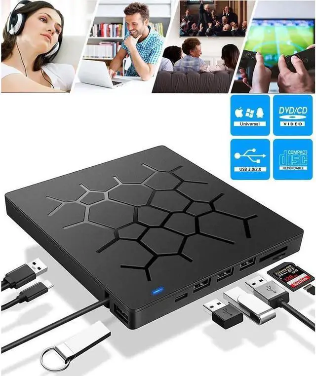 Main image of 7-in-1 External CD DVD Drive USB 3.0 Type-C Portable CD/DVD ROM +/-RW Optical Drive Player Reader Writer Burner with 4 USB Ports and 2 SD Card Slots for Laptop Desktop PC MacBook Pro Mac