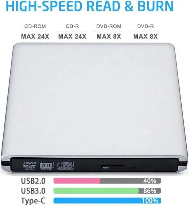 Alt view image 2 of 7 - Aluminum External CD Drive USB 3.0 Portable CD DVD +/-RW Drive DVD/CD ROM Rewriter Burner Writer Compatible with Laptop Desktop PC Windows Mac Pro MacBook (XD058, Silver)