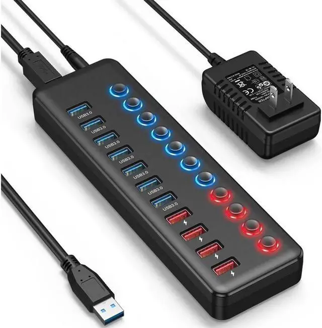 Main image of 11-Port Powered USB-A Hub 36W with 7 USB 3.0 Data Ports + 4 Smart Charging Ports, USB Splitter with Individual On/Off Switches for Laptop, Mac, PC, HDD, Mulitple Devices