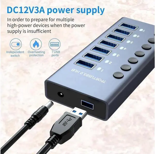 Alt view image 5 of 7 - USB 3.0 SuperSpeed 7-Port Hub [Durable Aluminum] with 36W (12V / 3A) Power Adapter for Laptop/PC, work for Mouse, Keyboard, Hard Drive or More USB Devices