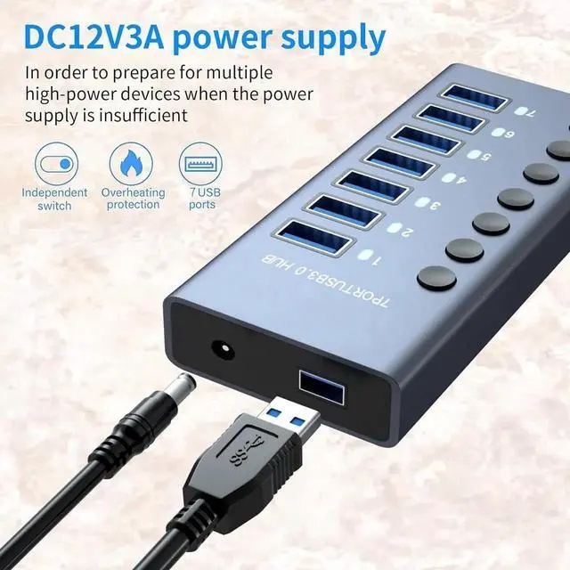 Alt view image 5 of 7 - Powered USB Hub,7 Ports USB 3.0 Data Hub Aluminum, Individual On/Off Switches, 12V3A 36W Power Adapter, USB Hub 3.0 Splitter Extension for MacBook, Mac Pro/Mini, iMac, Laptop/PC