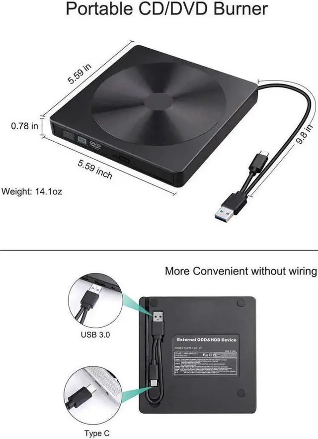 Alt view image 6 of 6 - External DVD Drive with Type-C USB 3.0 Port, Portable CD/DVD +/-RW Drive Rewriter Burner Data Transfer for MacBook,Laptop,Windows,Linux and Mac OS - Black