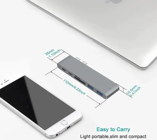 Alt view image 2 of 7 - USB C Hub Adapter for MacBook Air 2018, MacBook Pro 2018/2017/2016, Dual Type C Hub with SD/TF Card Reader, 2 Type C 40Gbps Thunderbolt 3 Port and 2 USB 3.0 Ports (Gray)