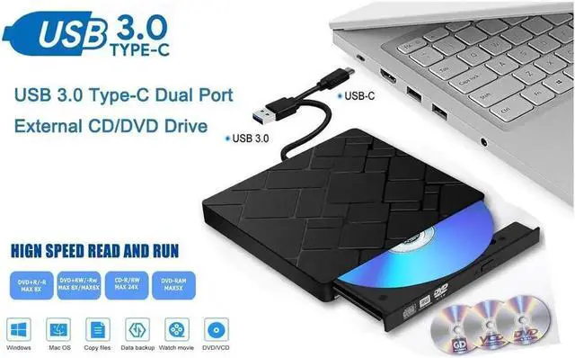 Alt view image 3 of 6 - External DVD Drive, USB 3.0 Type C CD Drive, Dual Port DVD-RW Player, Portable Optical Burner Writer Rewriter, High Speed Data Transfer for Laptop Notebook Desktop PC MAC OS Windows