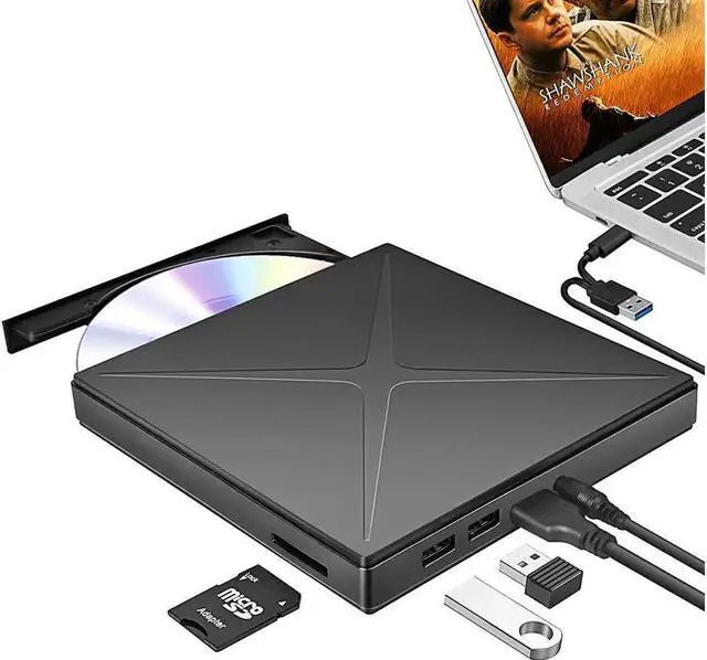Main image of External DVD Drive, USB 3.0 Type C CD Drive, Dual Port DVD Player, Portable Optical Burner Writer Rewriter Support SD cards Reader for Laptop Notebook Desktop PC MAC OS Windows 7/8/10