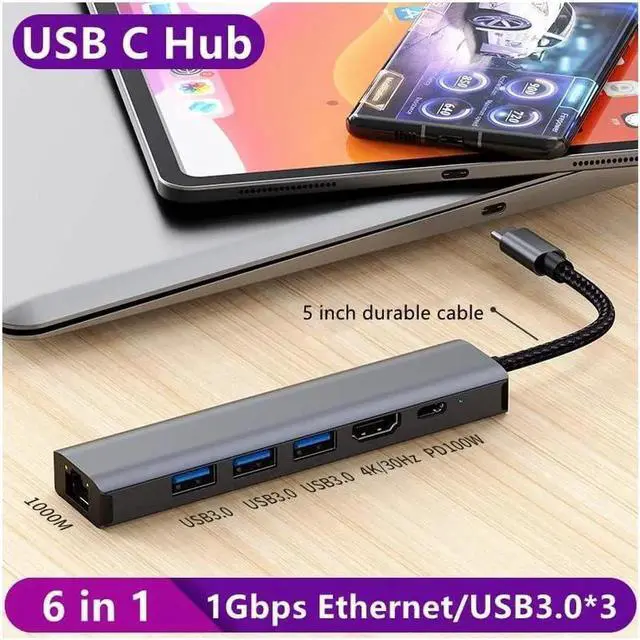 Alt view image 7 of 7 - USB-C to Ethernet Hub Adapter, Portable 6 in 1 Multiport Hub with 4K HDMI, 3*USB3.0, 100W PD, Gigabit Ethernet for MacBook Pro/Air 2022/2021, iMac, iPad