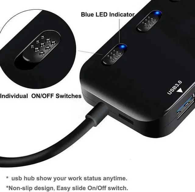 Alt view image 2 of 7 - 4-Port USB 3.0 Hub, Portable Data Hub with Individual Power Switch and LED Compatible iMac Pro, MacBook Air, Mac Mini/Pro, Surface Pro, Notebook PC, Laptop, USB Flash Drives, and Mobile HDD