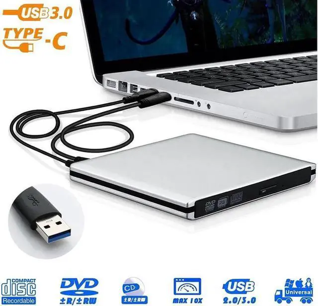 Main image of Aluminum External CD Drive USB 3.0/Type-C Portable CD/DVD+/-RW Burner Player Writer Compatible with Windows XP/7/8/10, MacOS, Linux for MacBook, Laptop, Desktop (XD058), Silver