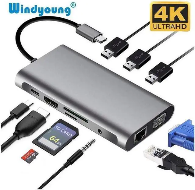Main image of USB C Hub Upgraded 10 in 1 USB Type C Adapter with Gigabit Ethernet Port,PD Type C Charging Port,4K HDMI,VGA,SD TF Card Reader,3 USB Ports and Audio Port Compatible for MacBook