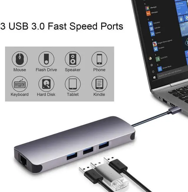 Alt view image 3 of 7 - USB C Hub, 9 in 1 Type C to 4K HDMI Multiport Adapter Dock with RJ45 Ethernet Port, Power Delivery, 60W USB-C PD Port, 3 USB 3.0 port, SD/TF Card Reader, 3.5mm Audio, Type-C Hub for MacBook