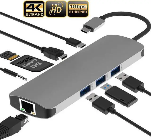 Main image of USB C Hub, 9 in 1 Type C to 4K HDMI Multiport Adapter Dock with RJ45 Ethernet Port, Power Delivery, 60W USB-C PD Port, 3 USB 3.0 port, SD/TF Card Reader, 3.5mm Audio, Type-C Hub for MacBook