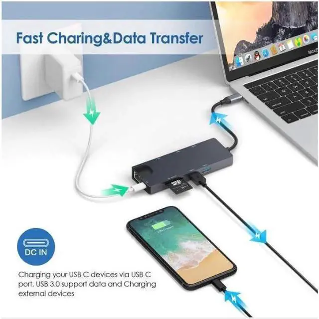 Alt view image 5 of 7 - Type C 8 In 1 Hub with Ethernet RJ45, 4K USB C to HDMI, VGA, 2*USB3.0, SD/TF Card Reader,PD Charge Port for MacBook Pro 2019/2018, iMac 2017, Huawei MateBook, Chromebook Pixel and USB C