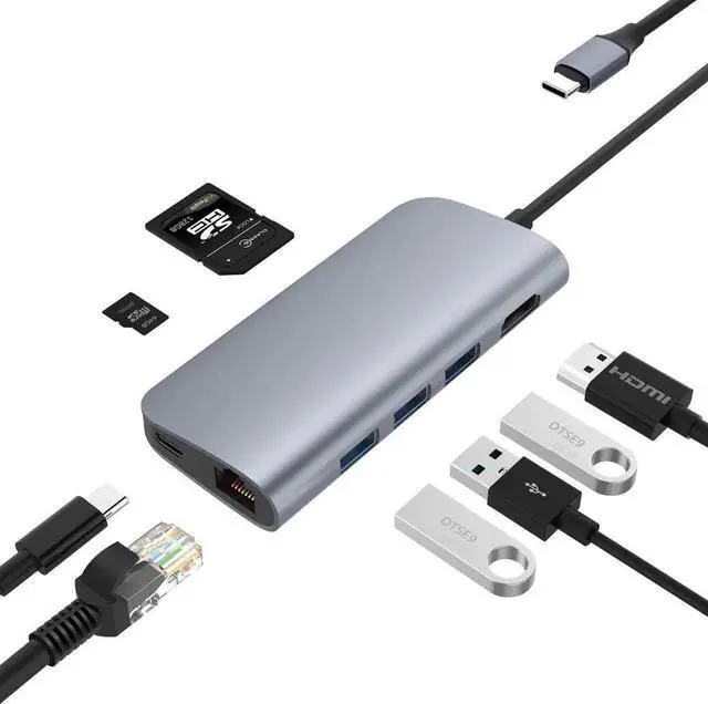 Main image of Basix 8 in1 USB Type C 3.1 HUB for Type C to 3 USB 3.0 / 4K HDMI / RJ45 Ethernet / Micro SD TF Card Reader / USB Type C OTG HUB for MacBook Pro and Type C Windows Laptops -Gray