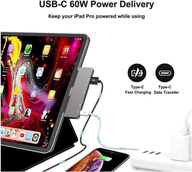 Alt view image 5 of 7 - USB C Hub for iPad Pro 2020, 2018, iPad Air 4, MacBook Pro M1 2020, 2019, 2018, 2017, MacBook Air with 4K@30Hz HDMI HDR, USB 3.0, 3.5mm Audio and 60W PD&Data, SD/Micro Card ReaderUSB-C