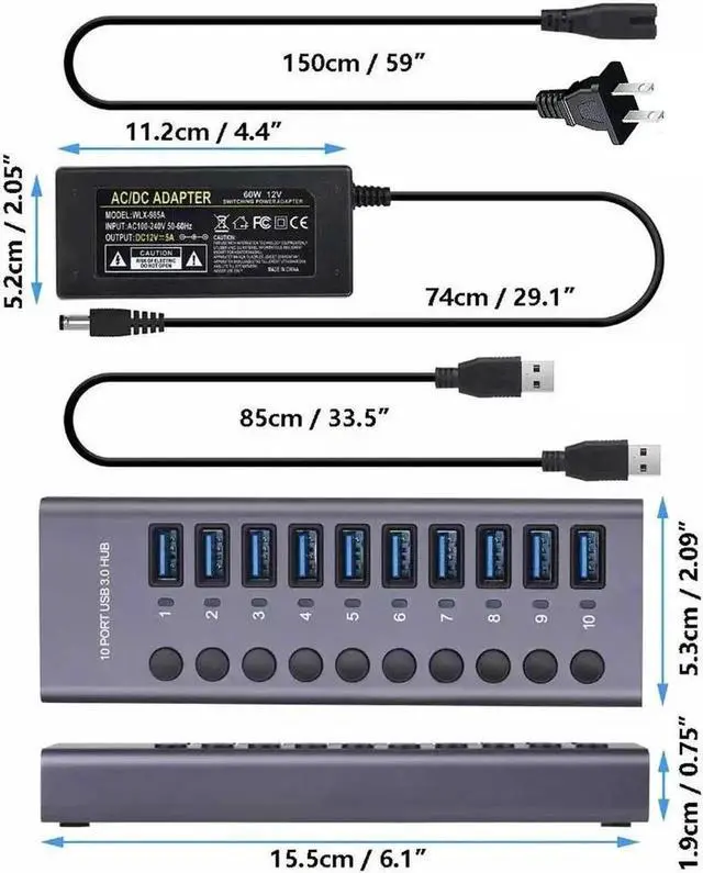 Alt view image 2 of 7 - Powered USB Hub,10 Ports USB 3.0 Data Hub Aluminum, Individual On/Off Switches, 12V5A 60W Power Adapter, USB Hub 3.0 Splitter Extension for MacBook, Mac Pro/Mini, iMac, Laptop/PC