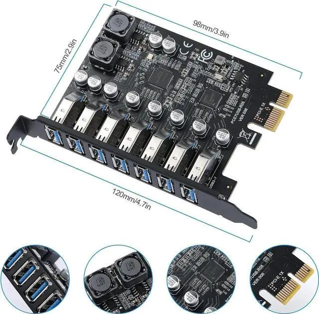 Alt view image 6 of 7 - Pcie USB Card Pcie USB 3.0, 7 Port Pcie Expansion Card 7 Ports USB 3.0 5Gbps High Speed Transmission Stable Power USB 3.0 Front Expansion Card