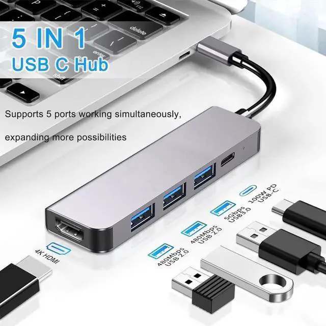 Alt view image 6 of 7 - 5 in 1 USB C Hub with 4K HDMI, 3 USB-A, 100W Power Delivery, Aluminum Case Compatible with MacBook Pro/Air, iPad Pro, iMac, iPhone 15 Pro/Pro Max, XPS