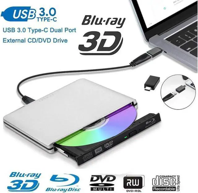 Alt view image 5 of 7 - External Blu Ray Drive External Blu Ray DVD Drive USB3.0 USB C 3D Bluray Drive Player Burner Writer for Laptop/Mac/MacBook Pro/Air/PC/Windows MacBook Mac Linux OS Apple , Silver