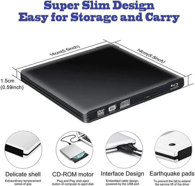 Alt view image 4 of 6 - Aluminum Blu-Ray Player USB3.0 with Type-C adapter Superdrive External DVD/CD Reader and DVD/CD Burner for Apple-MacBook Air/Pro/iMac/Mini/MacBook Pro/ASUS/ASUS/DELL, Black