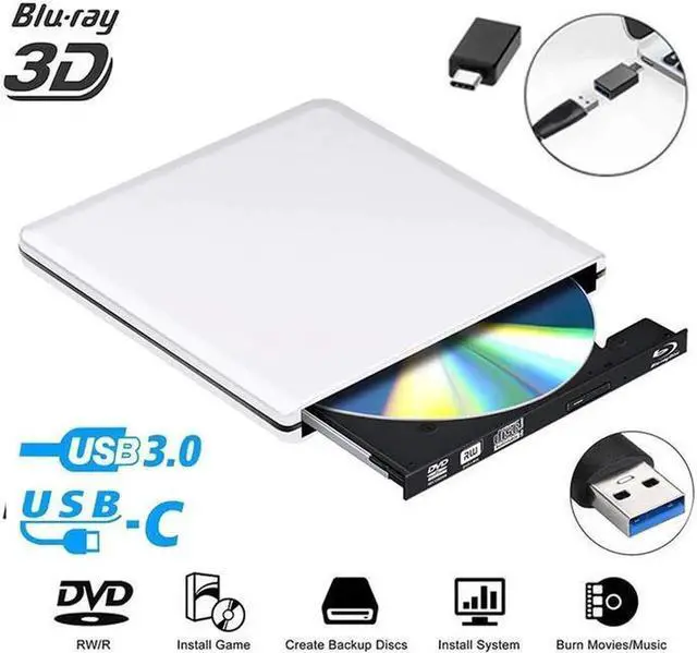 Main image of External Blu Ray Drive USB3.0 TypeC Aluminium External3D 6XBlu-Ray BD CD DVD RW ROM Drive Player Burner Writer for Laptop/Mac/MacBook Pro/Air/PC/Windows MacBook Mac Linux OS Apple Silver