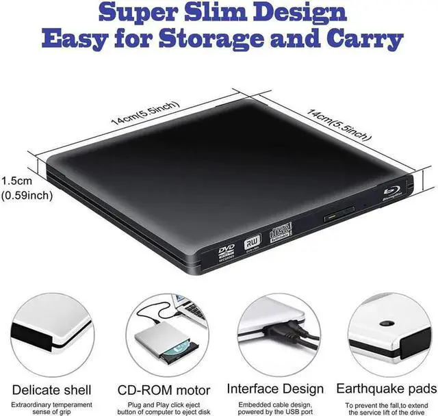 Alt view image 6 of 7 - Aluminum External Blu-Ray Burner Drive for Laptop, Portable High-Speed USB-C&USB 3.0 CD Burner/DVD Reader Writer for PC Desktops, Compatible with Windows/Mac OSX/Linux (ODP1202), Black