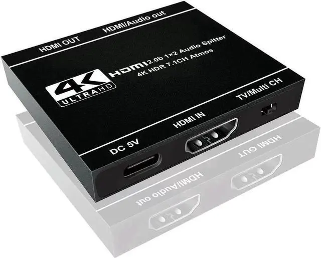 Main image of 4K HDMI Splitter 1 in 2 Out HDMI Splitter Duplicate/ Mirror Screen HDMI Splitter Support 4K@60Hz 3D for PS5, Roku TV Box - 1 Source to 2 Displays, with Audio Extractor(HDMI Audio Output)