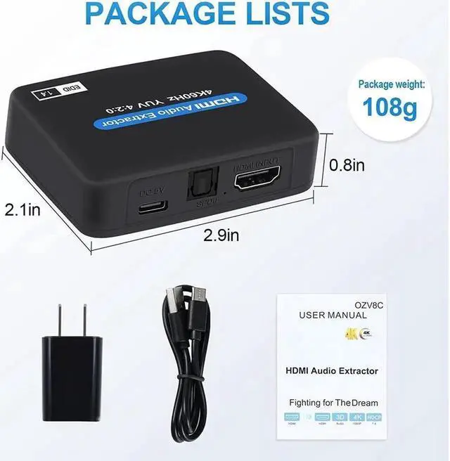Alt view image 2 of 7 - HDMI Audio Extractor, 4K 60Hz HDMI to HDMI + 3.5mm Audio Audio Extractor Supports Apple TV, Fire TV and Blue-Ray Players HDMI to Optical Audio Converte