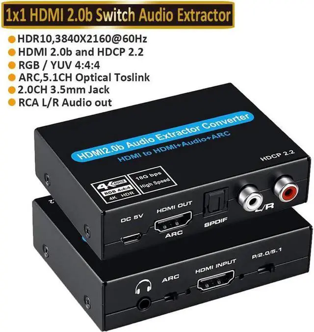 Main image of 4K HDMI Audio Extractor Splitter 4K HDMI to HDMI Audio Converter + Optical Toslink SPDIF + RCA L/R Stereo Analog Audio+3.5mm Audio Jack, HDMI Audio Adapter for Fire Stick, Blu-Ray Player