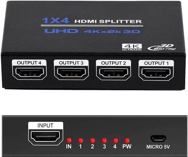 Alt view image 5 of 6 - 1x4 HDMI Splitter 1 in 4 Out HDMI Splitter Audio Video Distributor Box Support 3D & 4K x 2K Compatible for HDTV, STB, DVD, PS3, Projector Etc