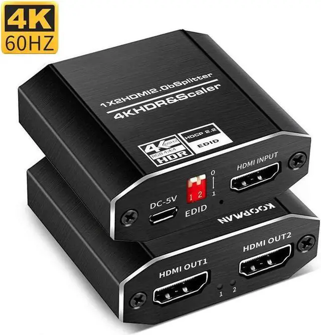 Main image of HDMI Splitter 1 in 2 Out, HDMI Splitter 1x2 Power 4K HDMI Splitter with 4 kinds of EDID mode, 4K@60Hz Dual Monitors Duplicate/Mirror for PS4 Fire Stick HDTV