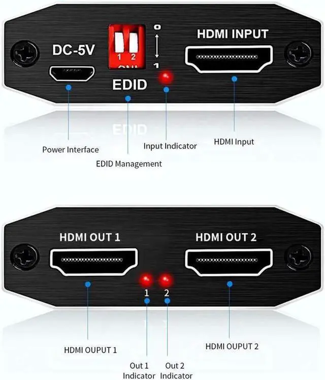 Alt view image 5 of 7 - HDMI Splitter 1 in 2 Out, HDMI Splitter 1x2 Power 4K HDMI Splitter with 4 kinds of EDID mode, 4K@60Hz Dual Monitors Duplicate/Mirror for PS4 Fire Stick HDTV
