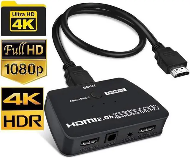 Main image of HDMI Splitter 1 in 2 Out, HDMI Splitter 1x2 Power 4K HDMI Splitter with 3.5mm & SPDIF audio out, 4K@60Hz Dual Monitors Duplicate/Mirror for PS4 Fire Stick HDTV