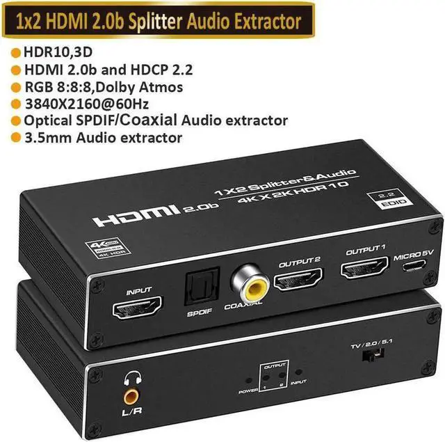 Main image of HDMI Switch 4K HDMI Splitter-HDMI Switcher Splitter 1 Input 2 Output, Support 4K 3D 1080P for Xbox PS4 Roku HDTV Fire Stick Blu Ray(with Audio Extractor(3.5mm, Coaxial & SPDIF audio out)