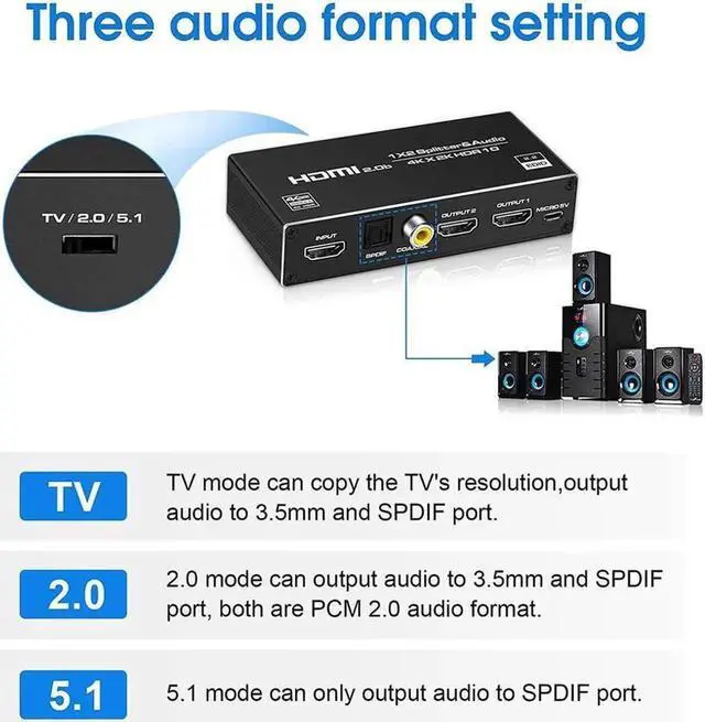 Alt view image 6 of 7 - HDMI Switch 4K HDMI Splitter-HDMI Switcher Splitter 1 Input 2 Output, Support 4K 3D 1080P for Xbox PS4 Roku HDTV Fire Stick Blu Ray(with Audio Extractor(3.5mm, Coaxial & SPDIF audio out)