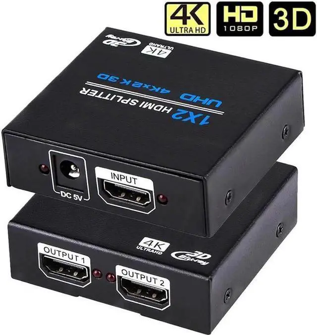 Main image of HDMI Splitter 1 in 2 Out 4K, 2 Port HDMI Splitter Powered Video Splitter 4 Outputs w/ AC Adapter, Duplicate/Mirror Screens for Fire Stick/Roku/DirecTV/Cable Box/Security Cameras