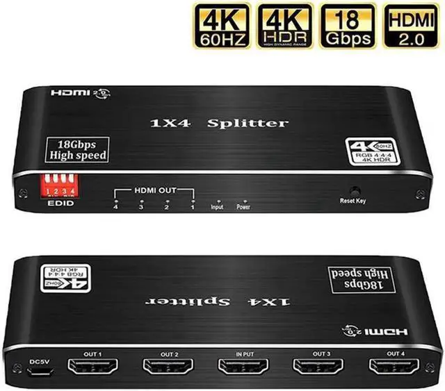 Main image of 4K@60Hz HDMI Splitter, HDMI 2.0 HDCP 2.2 Splitter 1 in 4 Out Support EDID 4K 3D HDR10 for Xbox PS5/4 Roku Fire Stick HDTV Monitor